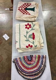Lot of 2 Early Cutter Quilts and Hook Rug