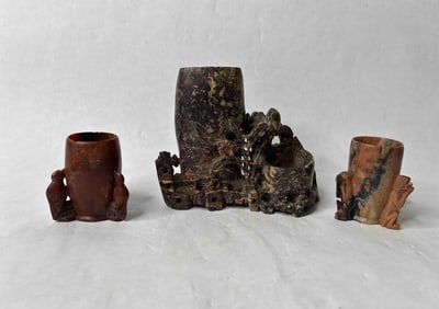 Hand Carved Chinese Soap Stone Double Pot and 2 Individual Vases