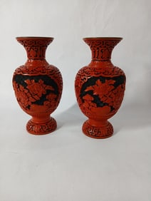 Mid Century Hand Carved Chinese Lacquer Cinnabar Vases Lot of 2