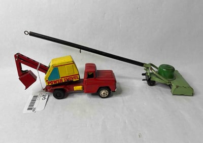 Tin Plate Japanese Power Shovel Truck and Kenmore Childs Tin Sweeper Toy Model Lot of 2
