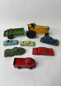 Lot of Early Toy Cars and Tractor with Implement