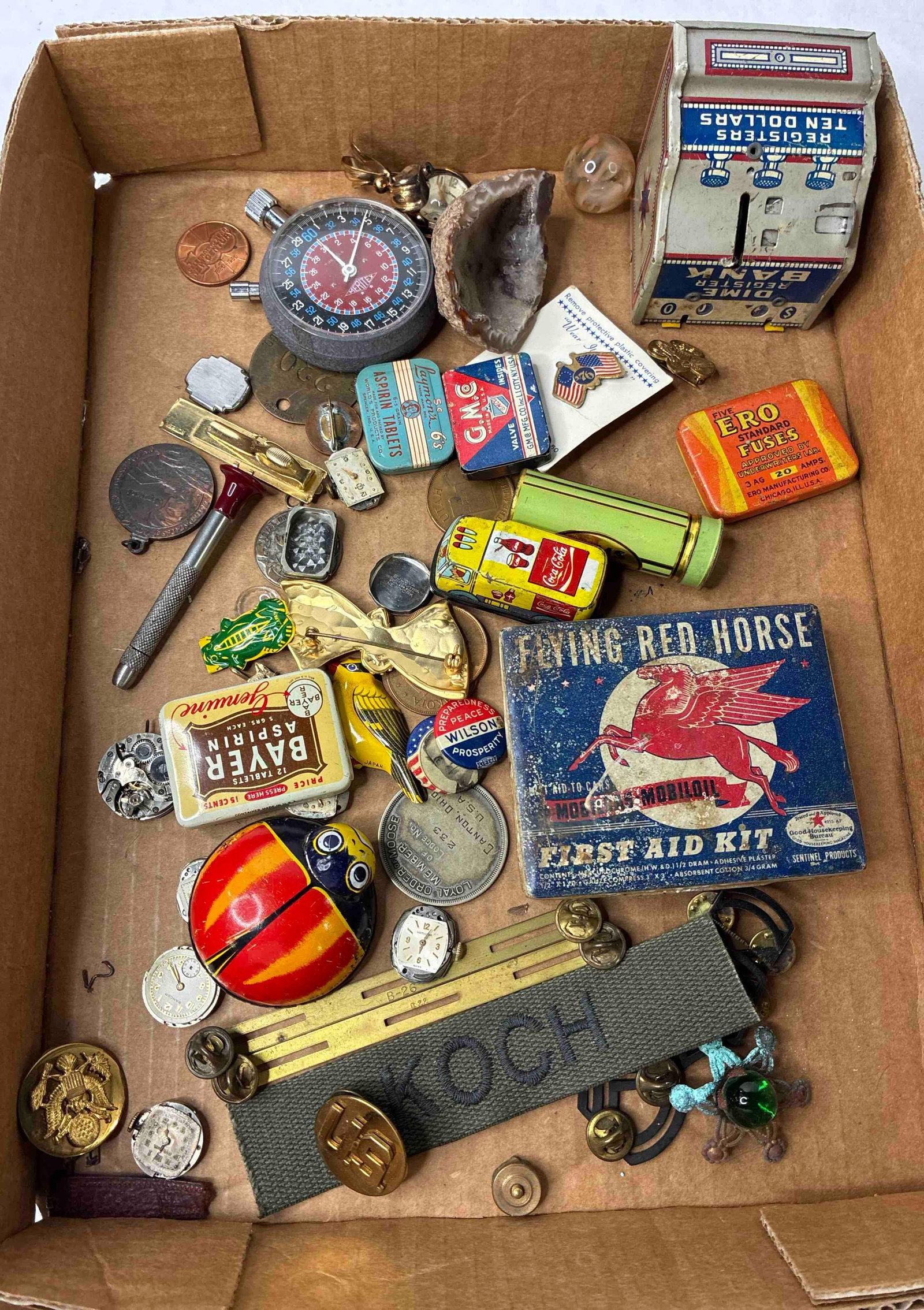 Assorted Lot of Smalls, Advertising, Jewelry, Tin Litho Toys, Watch Parts, Commemorative Tokens (1 of 7)