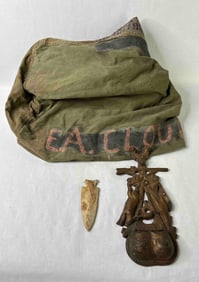 Military Bag, Large Native Projectile Point and Brass Deere & Co. Wall Mount Match Holder