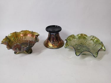 Northwood Footed Bowl, Peacock Pedestal and Green Carnival Pansy Ruffled Dish