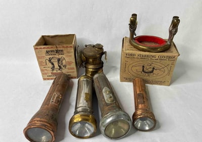 Vintage Flashlights and Auto Lite Carbide Lamp, Ford Steering Control In Original Packaging