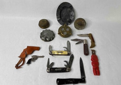 Assorted Lot of Pocket Knives, Ashtray, Bottle Opener and More