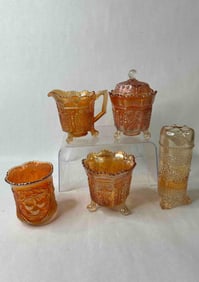Marigold Carnival Glass Sugar & Creamer, Tree Hat Pin Holder, and more