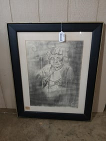 Knitting Grandmother Charcoal Drawing