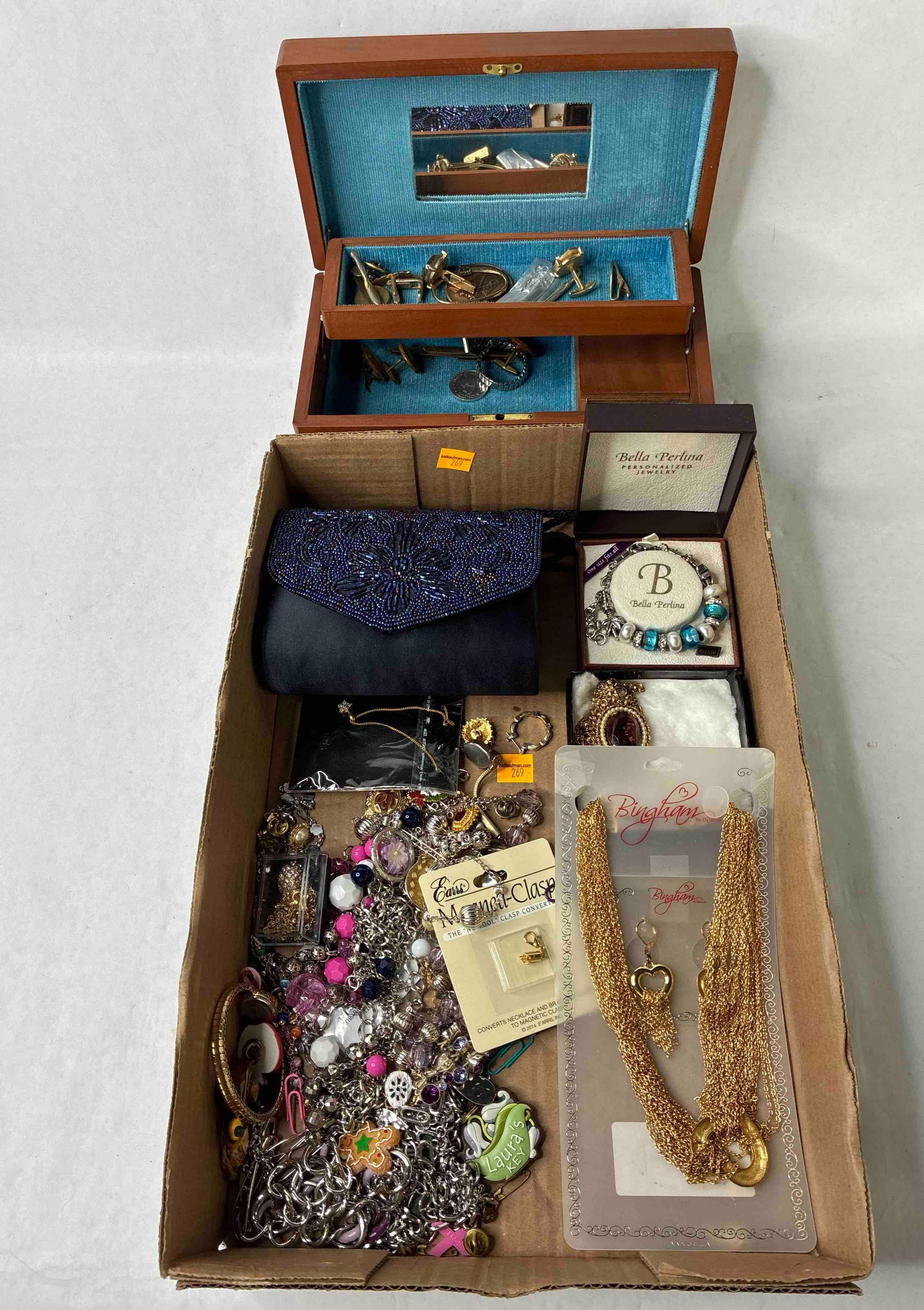 Jewelry Box Loaded w/ Pins, Cuff Links, Tie Tacs, Hand Bag and More: This lot of unsorted jewelry is loaded? ?