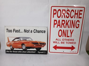 Porsche Parking Plastic Sign and Plymouth Tin Sign