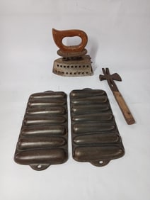 Unmarked Cast Iron Cornstick Pans, Hatchet and Iron
