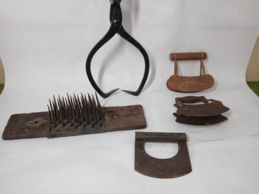 Primitive lot of Ice Tongs, Flax Comb and Choppers