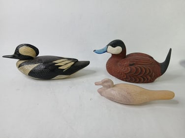 Hand Carved Soap Stone Duck & Carrolton Art Center Hand Painted Duck Decoy Lot of 3