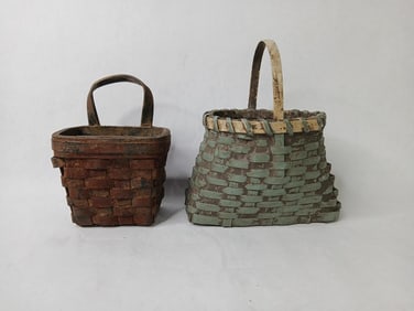 Lot of 2 Smaller Hand Woven Handled Baskets One being Painted