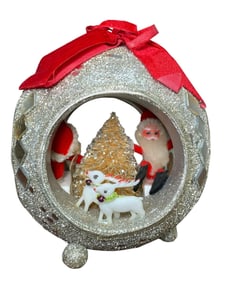 Large Mid Century Mirrored Santa Claus Holiday Diorama Glittered Christmas Decoration