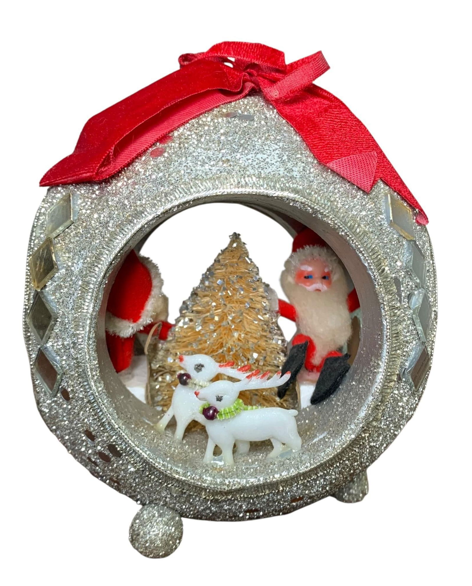 Large Mid Century Mirrored Santa Claus Holiday Diorama Glittered Christmas Decoration