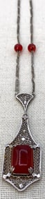 Antique Art Deco Filigree Sterling Silver Spiced Cinnamon Carnelian Polished Gemstone Necklace