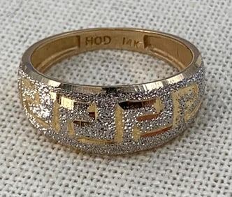 14k Gold Engraved Greek Key Textured Two Tone Cigar Band Ring