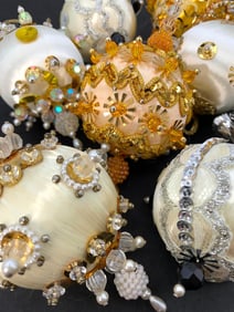 7 c1960s Pierced and Pinned Sequins, Beads, Pearls, Handmade Silk Wrapped Christmas Tree Ornaments
