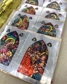 100 pc 1960s NOS Printed in Spain Foil Stained Glass Cathedral Window Christmas Gift Package Tags