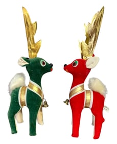 Pair JAPAN Ruby and Emerald Velveteen Gold Lame Antler Reindeer Christmas Decorations
