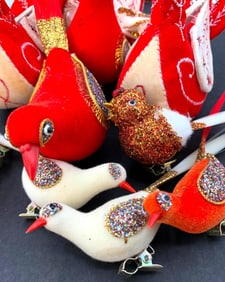 13 pc Mid Century to Vintage Flocked and Velveteen Glitter Trimmed Bird Christmas Tree Ornaments
