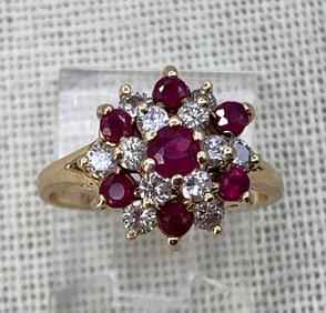 14k Yellow Gold Ruby & Diamond 19 Gemstone Cluster Dinner Ring