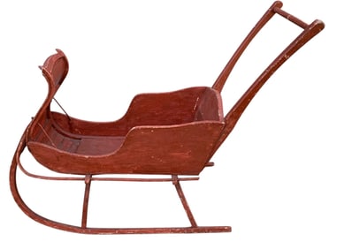 Antique Victorian Persimmon Red Painted Wood Child's Winter Sleigh