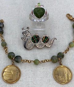 Irish Connemara Marble Sterling Silver Peridot Ring, Castle Bracelet & Scottish Nessie Brooch