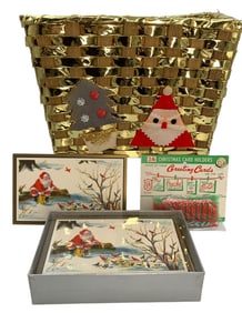 Mid Century Japan Christmas Card Basket, NOS Card Display Line & Santa Christmas Cards