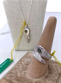 Two pc Unworn Irish Sterling Silver Connemara Ring & Pendant, 925 Chain with Original Tags, Boxes