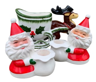 3 pc Mid Century Japan Ceramic Santa Claus Candlestick Holders and NAPCO Reindeer Candy Sleigh