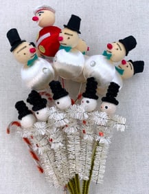 13 Vintage Spun Cotton, Satin and Chenille JAPAN Snowmen and Santa Wreath Picks, Gift Trim