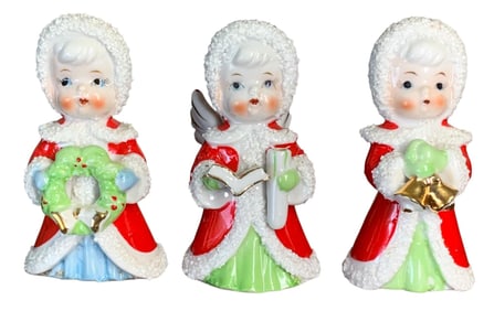 Trio of Mid Century JAPAN Textured Trim Christmas Girls and Angel Holiday Figurines