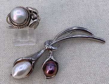 Sterling Silver Freshwater Pearl Winged Bee Ring and 925 Calla Lily Brooch