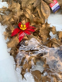 Pair Large Mid Century Deadstock Hong Kong Burnished Plastic Holly Leaf Poinsettia Door Wreaths