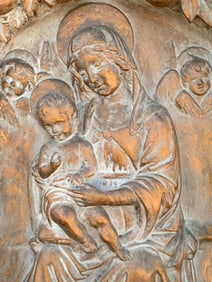 Ornate Antique Gilded Chalkware Madonna and Child Cathedral Niche Angel Wall Plaque Frieze Sculpture