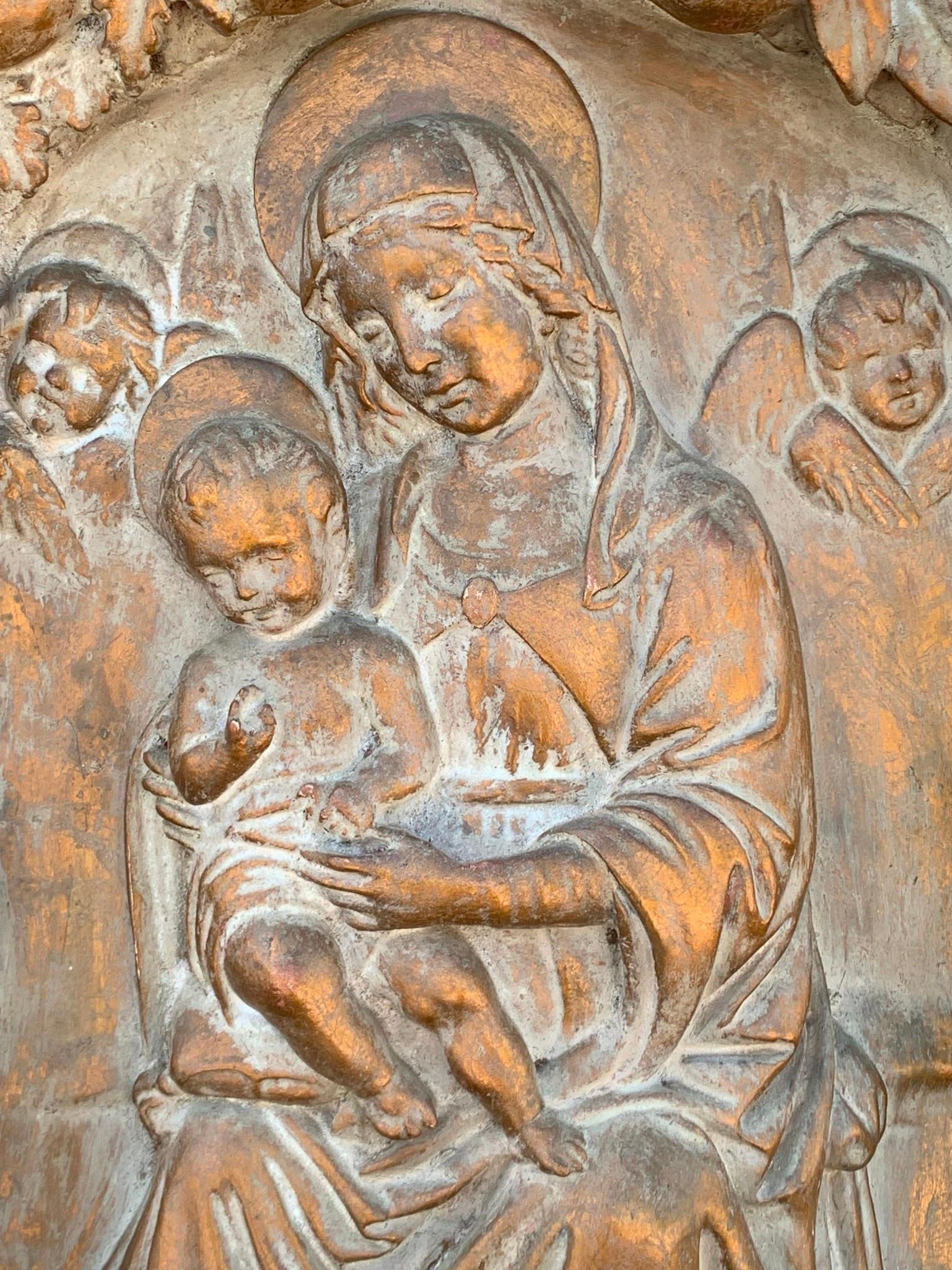 Ornate Antique Gilded Chalkware Madonna and Child Cathedral Niche Angel Wall Plaque Frieze Sculpture (1 of 7)