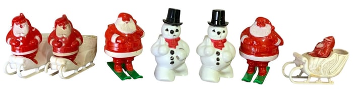 7 pc Vintage Hard Plastic Santa and Snowman Christmas Candy Container Collection