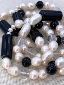 Incredible Creamy Freshwater Pearl, Onyx and Quartz Crystal Necklace, Convertible Wrap Bracelet