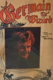 Antique c1908 Germain the Wizard Magician Black Cat, Bat, Skull, Illusionist Magic Poster