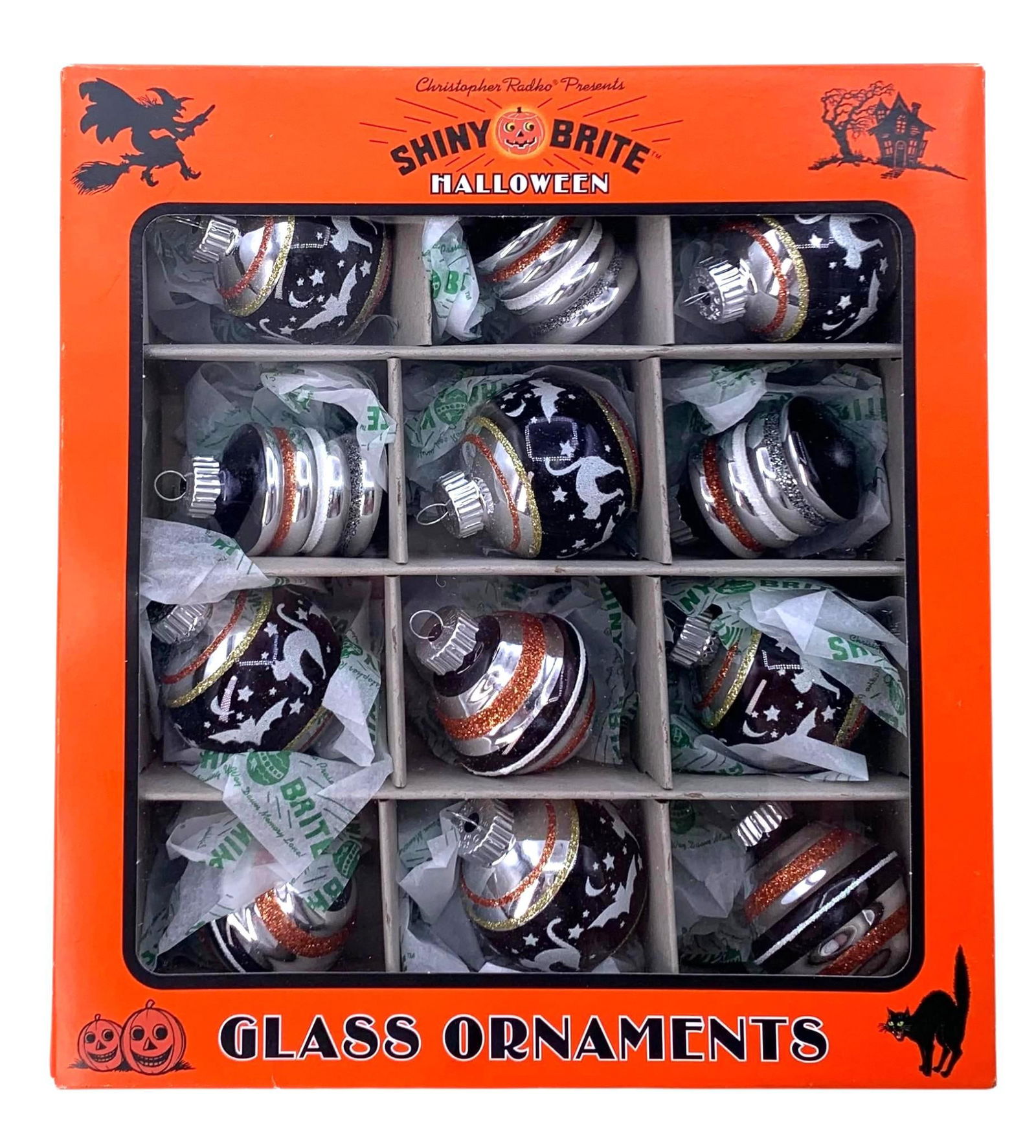 12 pc Christopher Radko Mercury Glass Shiny Brite Halloween Ornaments in the Box: Unopened box full of glittered and stenciled glass Halloween ornaments, box measures 9 1/4" x 8 1/2" x 2 1/4". 