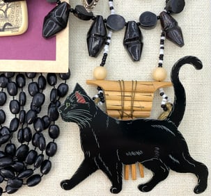 17 pc Sterling Silver Black Cat Fine and Costume Jewelry Collection