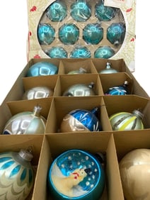 22 pc Vintage Glass Shiny Brite and W Germany Turquoise, Moss, Royal Blue Christmas Tree Ornaments