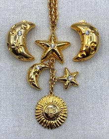 Golden Astrological Moon, Sun and Stars Statement Necklace and Earring Set