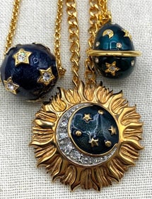 Trio Planetary Solar System Celestial Designer Enamel and Rhinestone Statement Necklaces