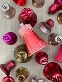 32 Antique to Vintage Glass and Metal Pink, Ruby and Magenta Feather Christmas Tree Bell Ornaments