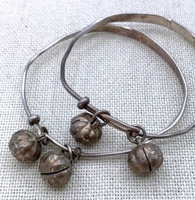 Pair Hallmarked Silver Asian Character Tinkling Bell Baby Rattle Bracelets