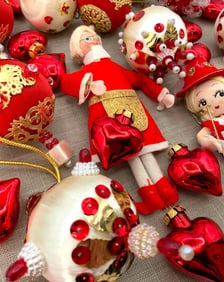 29 pc Vintage Ruby Red Glass Hearts, Spun Satin Balls and Figural Christmas Tree Ornaments