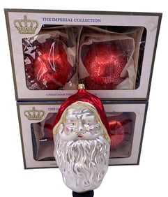 Large Boxed West Germany Imperial Collection Glass Ornaments and Glass Santa Head Tree Decoration